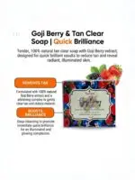 Yuvraani Goji Berry & Tan Clear Soap infographic highlighting tan removal, quick brilliance, and skin brightening benefits with natural Goji Berry extract.