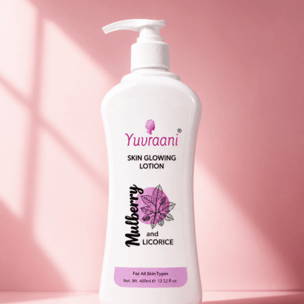 Yuvraani Mulberry & Licorice Skin Glowing Lotion with botanical extracts in a premium product display for daily skin hydration.