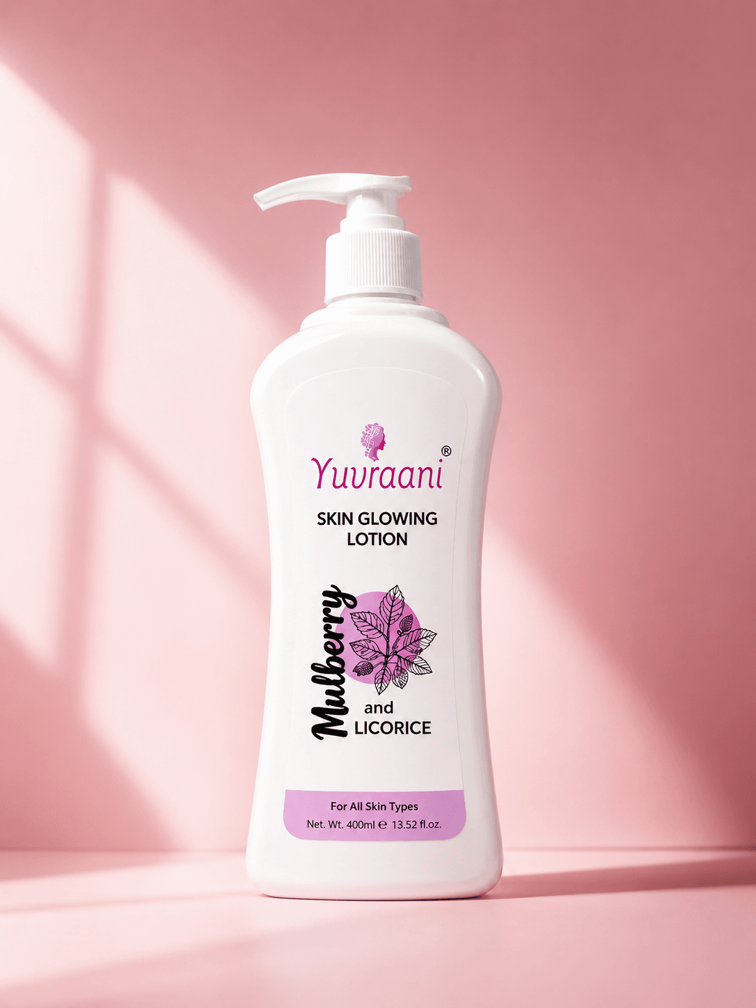 Skin Glowing Lotion Mulberry Yuvraani Mulberry & Licorice Skin Glowing Lotion with botanical extracts in a premium product display for daily skin hydration.