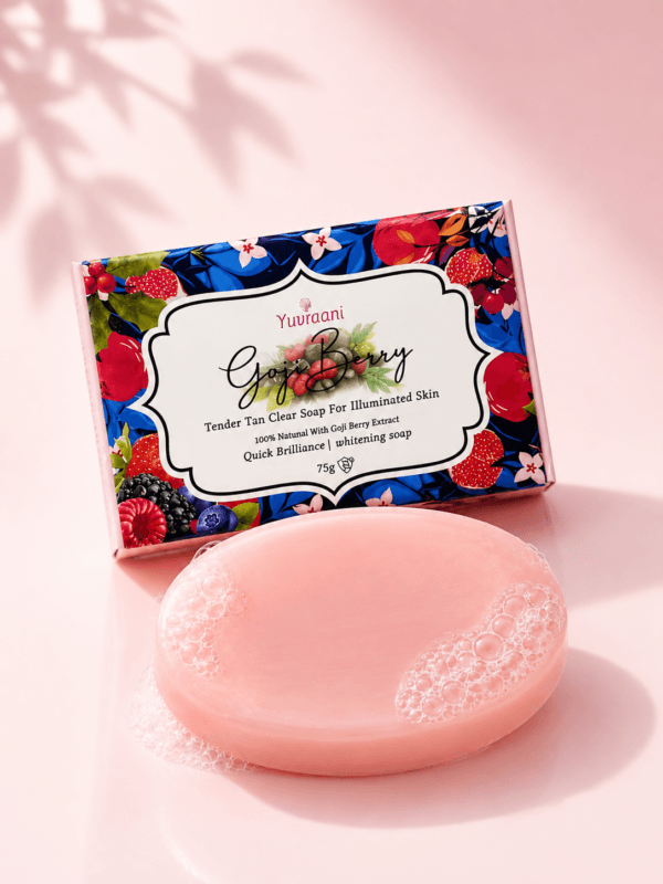 Yuvraani Goji Berry Tan Clear Soap with natural Goji Berry extract displayed alongside the soap bar, promoting tan removal, skin brightening, and radiant skin for all skin types.