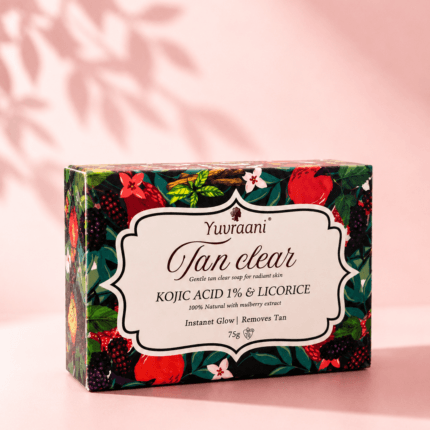 Yuvraani Tan Clear Soap with Kojic Acid 1% and Licorice in premium packaging, designed to help reduce tan, brighten skin, and promote a healthy natural glow.