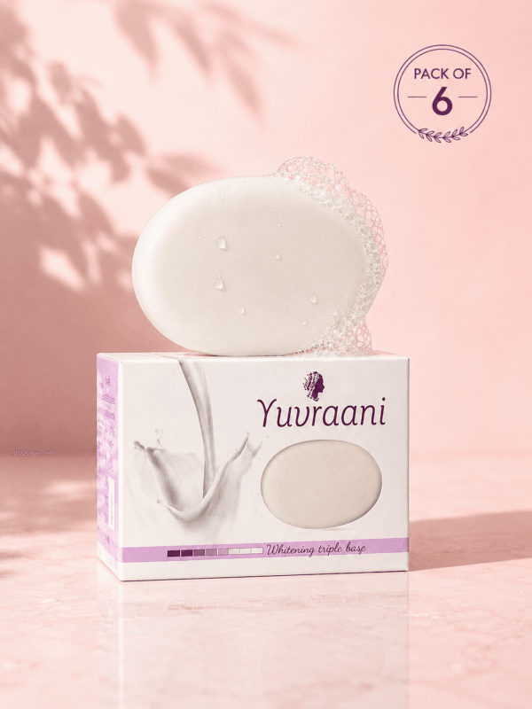 Yuvraani Whitening Triple Base Soap gift pack featuring multiple soap bars in premium packaging with a decorative ribbon, ideal for skincare gifting and daily skin brightening.