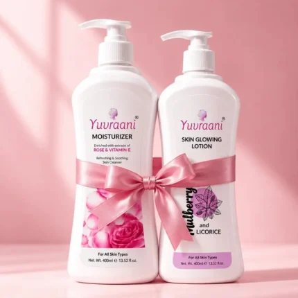 Yuvraani Moisturizer and Skin Glowing Lotion combo tied together with a pink ribbon on a soft pink background.