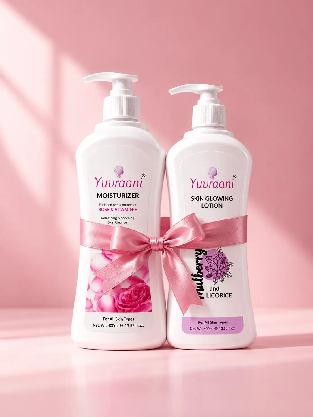 Yuvraani-care-MOIST+SKL Yuvraani Moisturizer and Skin Glowing Lotion combo tied together with a pink ribbon on a soft pink background.