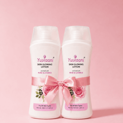 Yuvraani Skin Glowing Lotion gift pack with Rose & Licorice extracts, featuring two 100ml moisturizing lotion bottles for all skin types.