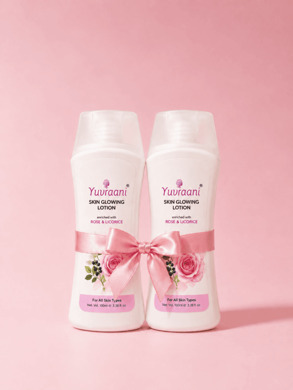 Yuvraani Skin Glowing Lotion gift pack with Rose & Licorice extracts, featuring two 100ml moisturizing lotion bottles for all skin types.