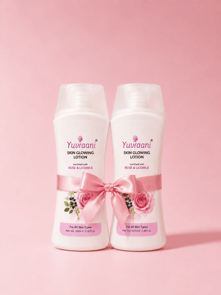 Yuvraani Skin Glowing Lotion gift pack with Rose & Licorice extracts, featuring two 100ml moisturizing lotion bottles for all skin types.