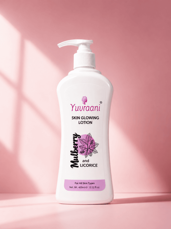 Yuvraani Mulberry & Licorice Skin Glowing Lotion with botanical extracts in a premium product display for daily skin hydration.