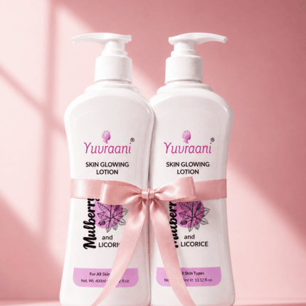 Yuvraani Mulberry and Licorice Skin Glowing Lotion gift pack with two 400ml moisturizing body lotion bottles for all skin types.
