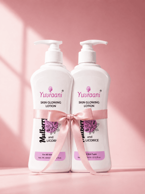 Yuvraani Mulberry and Licorice Skin Glowing Lotion gift pack with two 400ml moisturizing body lotion bottles for all skin types.
