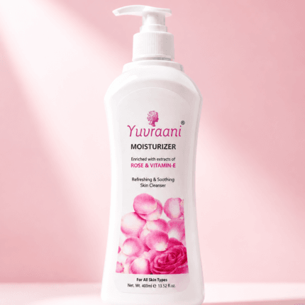 Yuvraani Rose & Vitamin E Moisturizer with pump bottle surrounded by fresh roses and rose petals for daily skin hydration and nourishment.