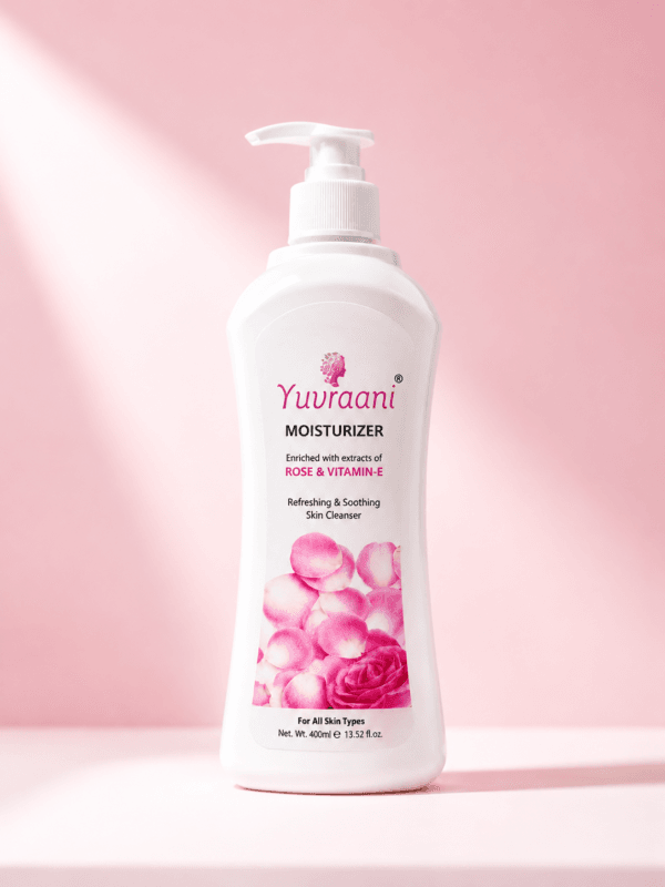 Yuvraani Rose & Vitamin E Moisturizer with pump bottle surrounded by fresh roses and rose petals for daily skin hydration and nourishment.