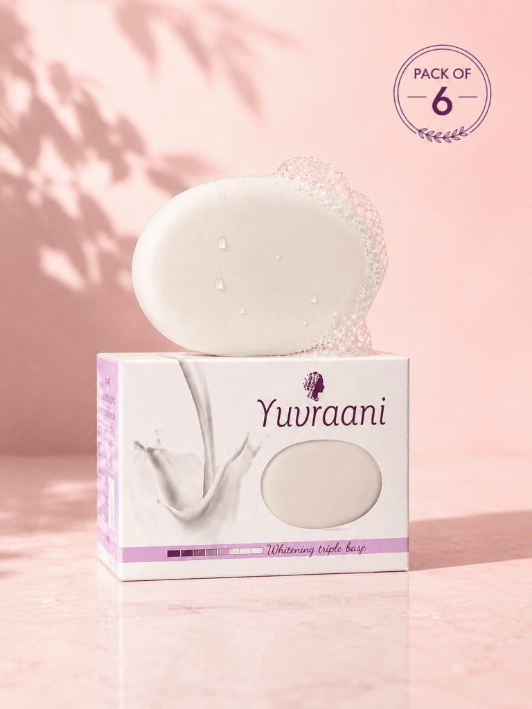Yuvraani Whitening Triple Base Soap gift pack featuring multiple soap bars in premium packaging with a decorative ribbon, ideal for skincare gifting and daily skin brightening.