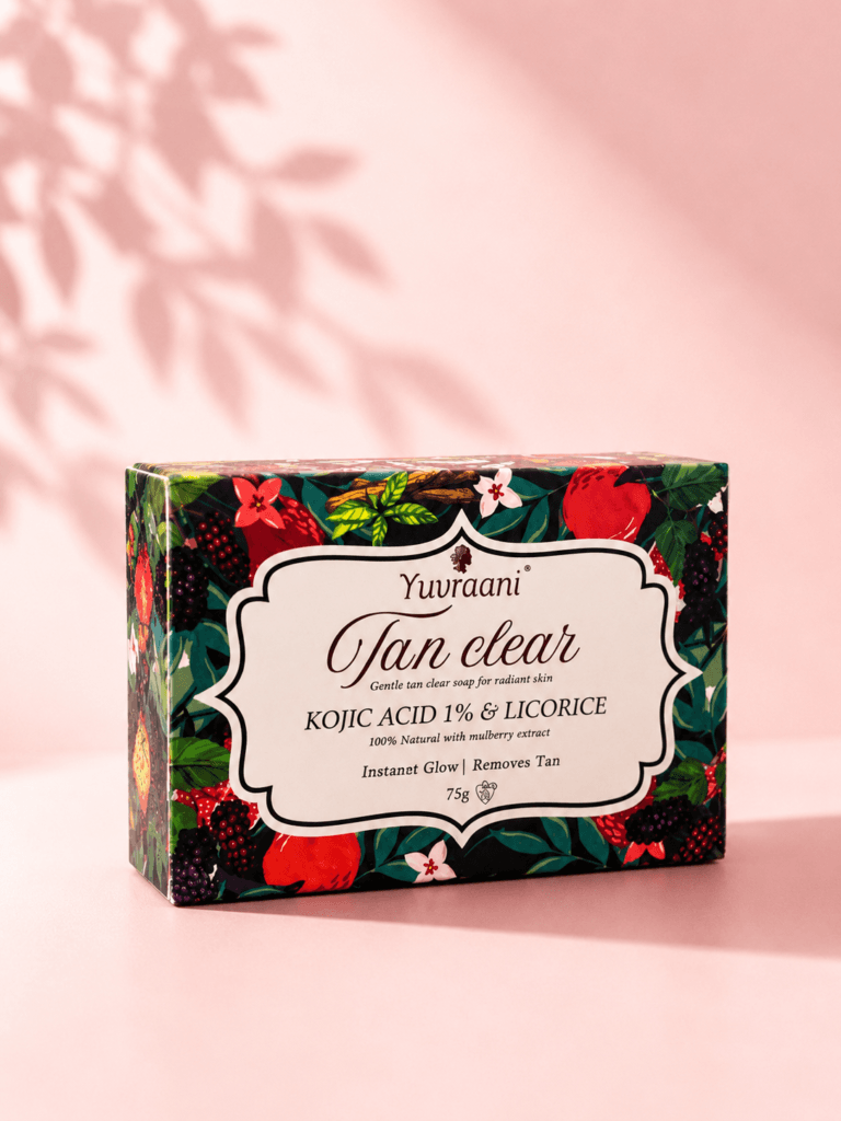 Yuvraani Tan Clear Soap with Kojic Acid 1% and Licorice in premium packaging, designed to help reduce tan, brighten skin, and promote a healthy natural glow.