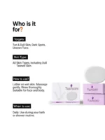 Informational graphic showing who should use Yuvraani Whitening Triple Base Soap, including target skin concerns, suitable skin types, usage instructions, and daily skincare routine.