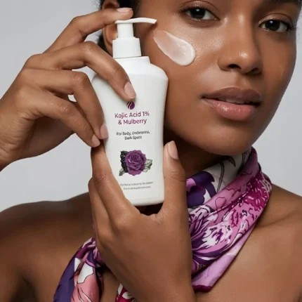 Model holding Yuvraani Kojic Acid 1% and Mulberry Body Lotion with cream applied on the face for body pigmentation, uneven skin tone and dark spots.