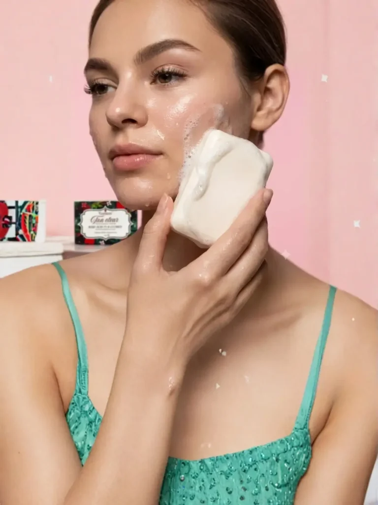 Model using Yuvraani Tan Clear Soap to gently cleanse skin, remove tan, and reveal a brighter, healthier complexion with a rich creamy lather.
