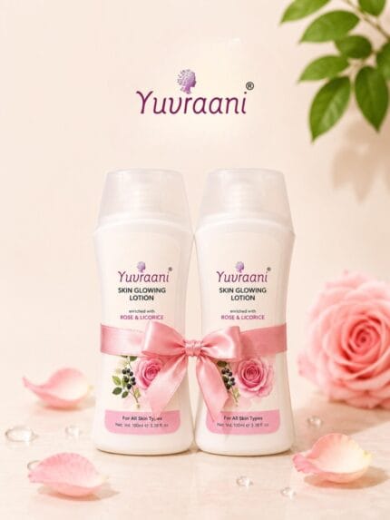 Yuvraani Skin Glowing Lotion gift pack with Rose & Licorice extracts, featuring two 100ml moisturizing lotion bottles for all skin types.