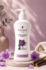 Yuvraani Mulberry & Licorice Skin Glowing Lotion for all skin types in a pump bottle with floral lifestyle background.