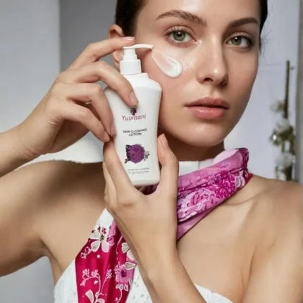 Woman applying Yuvraani Skin Glowing Lotion enriched with Mulberry and Licorice extract for hydrated, radiant, and healthy-looking skin.