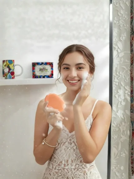 Woman using Yuvraani Goji Berry Tan Clear Soap on her face, demonstrating the rich lather and daily skincare routine for glowing, refreshed skin.