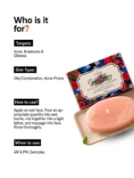 Yuvraani Goji Berry Soap usage guide showing suitable skin types, daily application method, and skincare benefits for acne-prone and oily skin.
