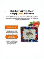 Yuvraani Goji Berry & Tan Clear Soap infographic highlighting tan removal, quick brilliance, and skin brightening benefits with natural Goji Berry extract.