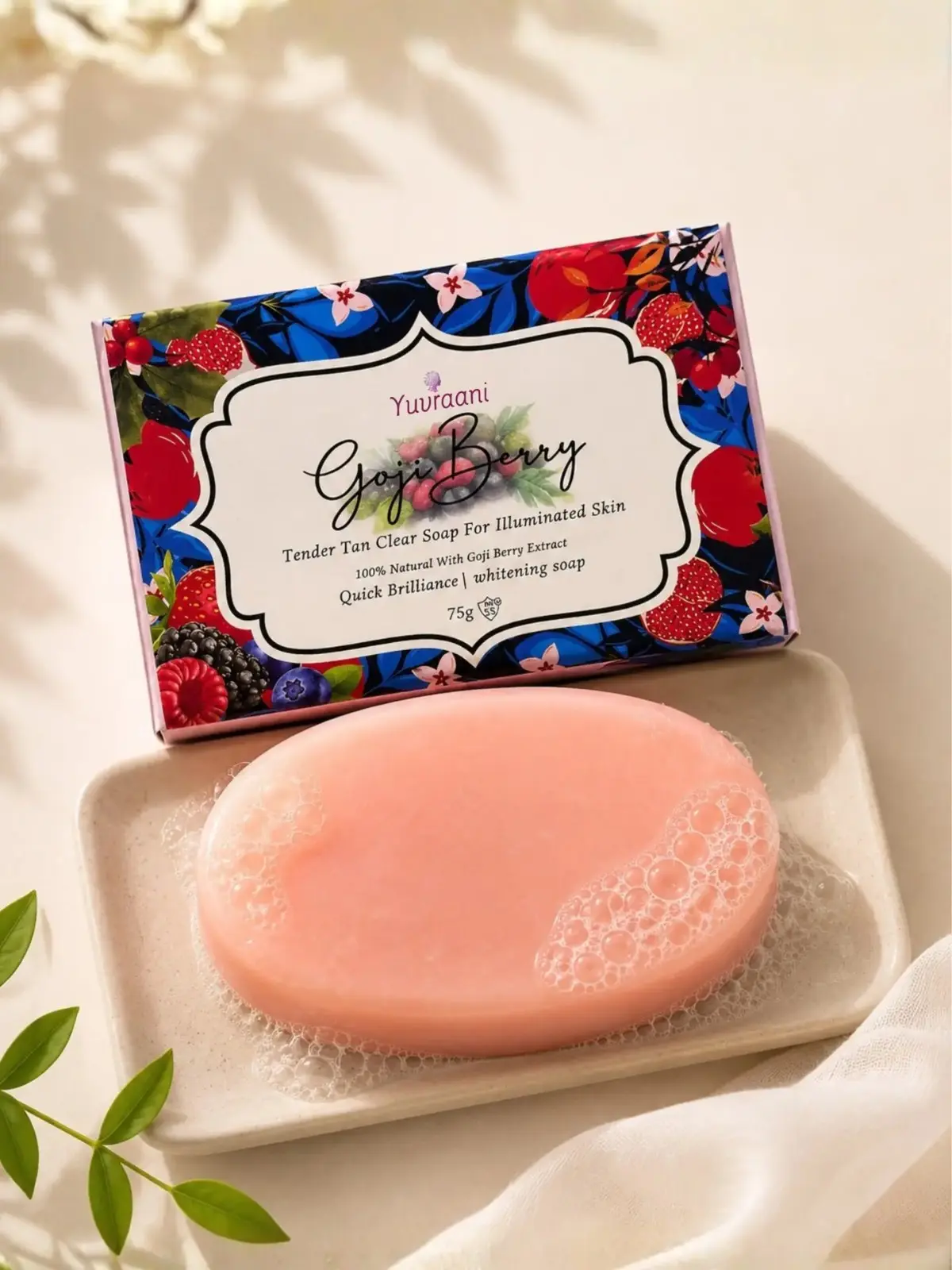 gojiberry Yuvraani Goji Berry Tan Clear Soap with natural Goji Berry extract displayed alongside the soap bar, promoting tan removal, skin brightening, and radiant skin for all skin types.