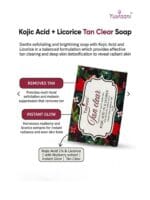 Yuvraani Tan Clear Soap infographic highlighting Kojic Acid 1% and Licorice formula with benefits including tan removal, instant glow, deep exfoliation, and skin brightening.