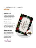Infographic highlighting the key ingredients in Yuvraani Tan Clear Soap, featuring Kojic Acid 1%, Licorice Extract, and Mulberry Extract alongside the product packaging and natural ingredient illustrations.