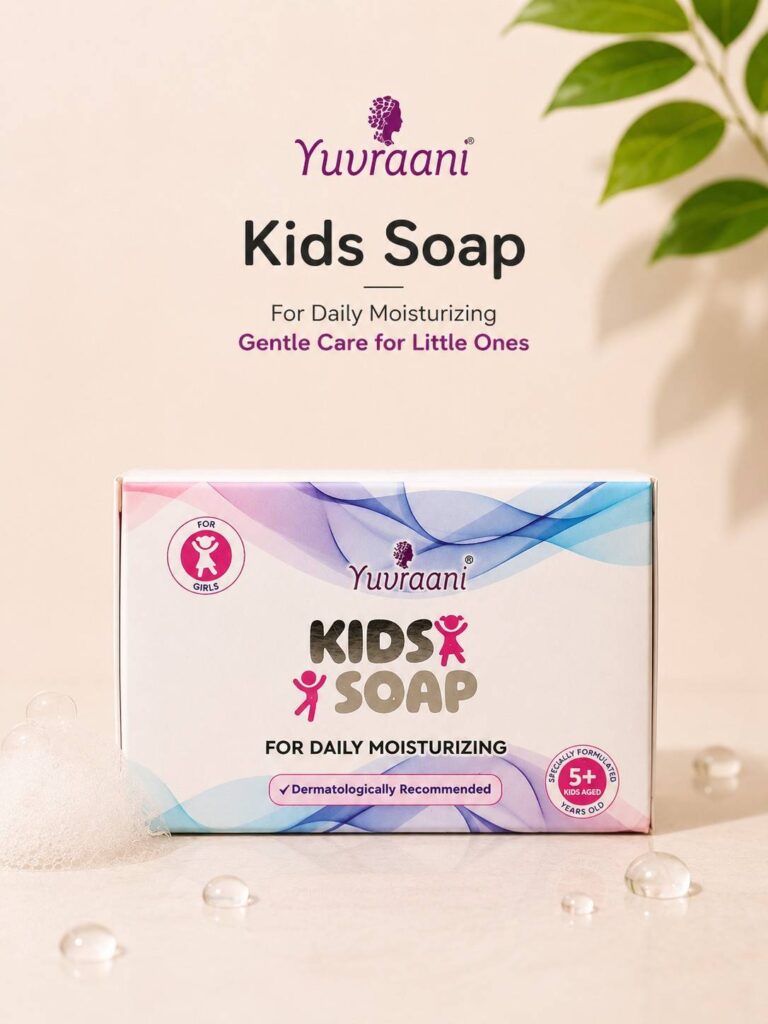 Yuvraani Kids Soap for girls aged 5+ with gentle moisturizing formula and dermatologically recommended daily skincare.