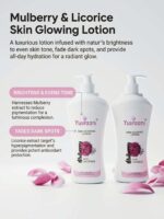 Yuvraani Mulberry & Licorice Skin Glowing Lotion infographic featuring two premium lotion bottles with Mulberry and Licorice extracts, highlighting skin brightening, even skin tone, dark spot reduction, antioxidant care, and long-lasting hydration for naturally radiant skin.