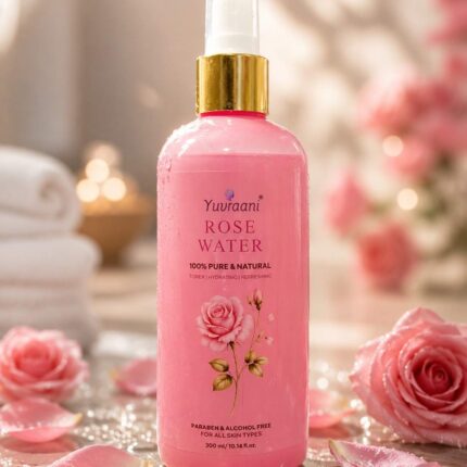 Yuvraani Rose Water pump bottle featuring natural rose graphics and 300ml packaging
