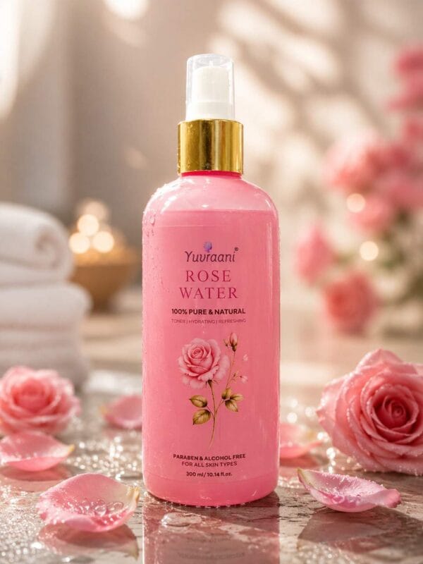 Yuvraani Rose Water pump bottle featuring natural rose graphics and 300ml packaging