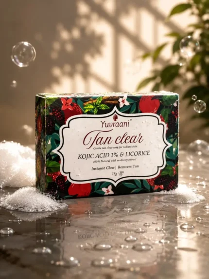 Yuvraani Tan Clear Soap with Kojic Acid 1% and Licorice in premium packaging, designed to help reduce tan, brighten skin, and promote a healthy natural glow.