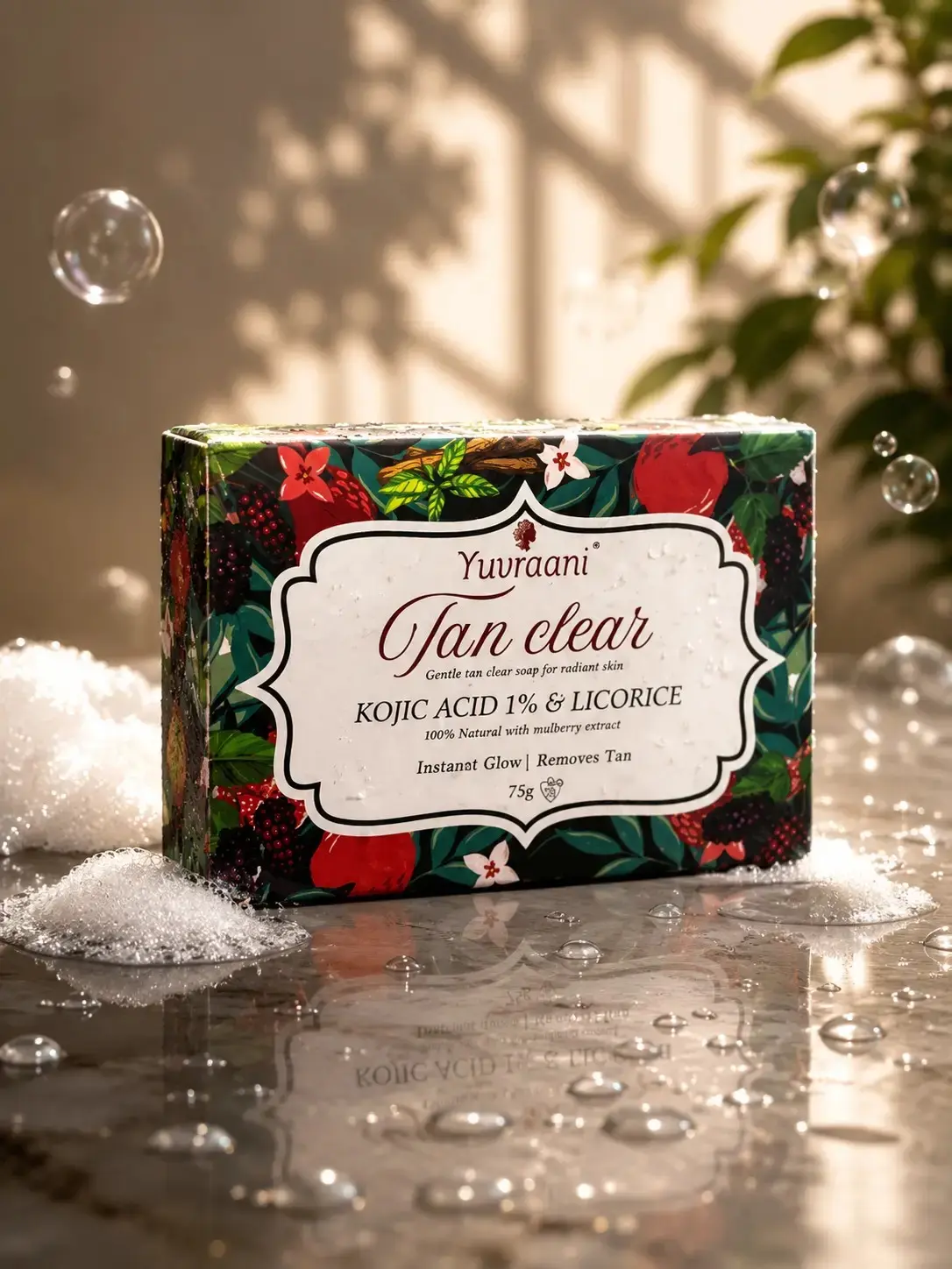tan-clear-soap Yuvraani Tan Clear Soap with Kojic Acid 1% and Licorice in premium packaging, designed to help reduce tan, brighten skin, and promote a healthy natural glow.